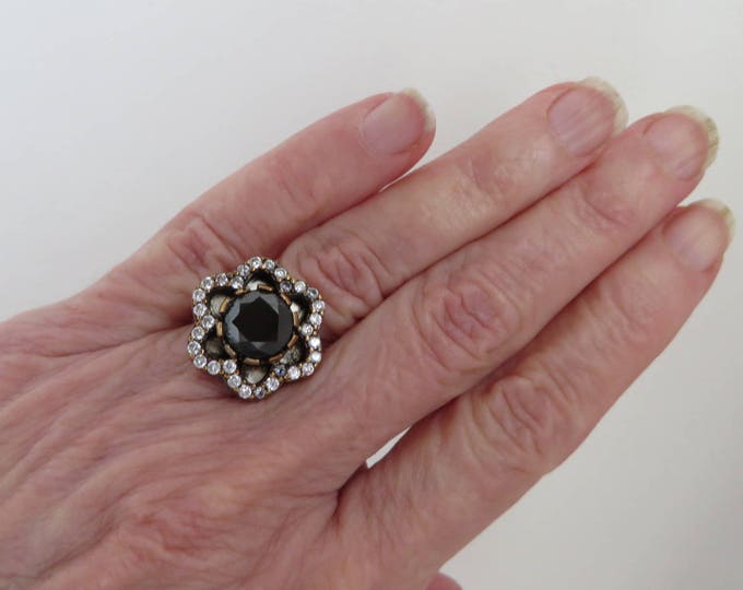 Black Sapphire Silver Ring | Vintage Sterling Silver Sapphire & CZ Ring | Two Tone Silver Anniversary Ring | Size 6