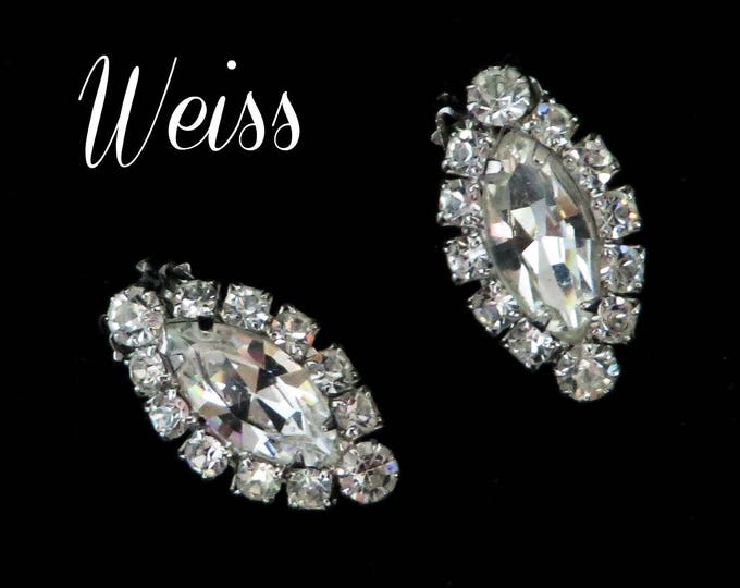 Weiss Oval Rhinestone Earrings, Vintage Clear Rhinestone Clip-on Earrings, Bridal Jewelry