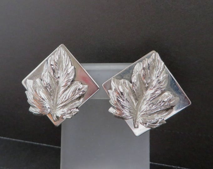 Leaf Earrings, Square Leaf Earrings, Signed LERU Silver Tone Earrings, Clip-on Earrings, Gift for Her