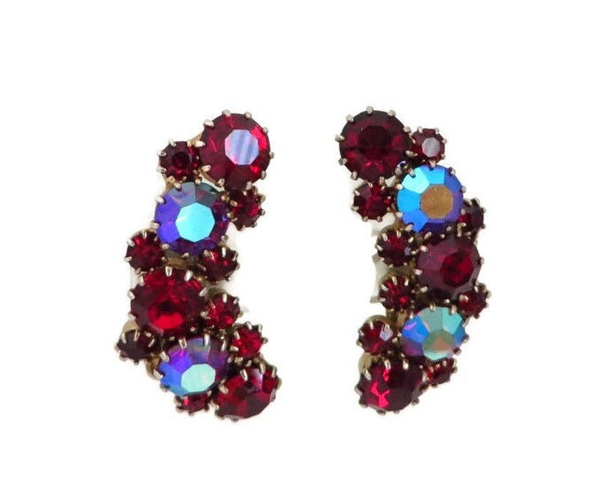 Red Rhinestone Earrings - Vintage Signed Karu Arke Clip-on Earrings, Bridal Jewelry, Formal Wear, Perfect Gift, Gift Box