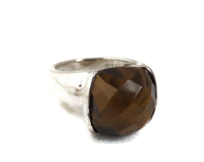 Sterling Silver Tiger Eye Ring - Faceted Stone Wide Band Ring, Size 6, Gift Idea, Gift Boxed