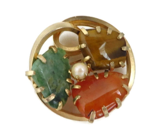 Vintage Faux Jade Brooch, Tiger Eye, Carnelian, Pearl Gold Tone Circle Pin, Estate Jewelry