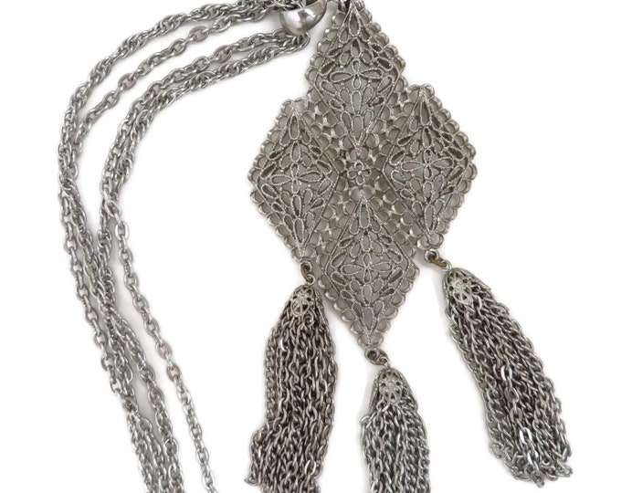 Tassel Necklace, Vintage Pendant Necklace, Silver Tone Double Chain Link Necklace, Large Filigree Pendant, Boho Statement Jewelry Tassel Necklace, Vintage Pendant Necklace, Silver Tone Double Chain Link Necklace, Large Filigree Pendant, Boho Statement Jewelry