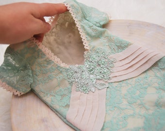 Newborn Girl Photo Outfit, Newborn Romper, Newborn Props, Baby Outfit Prop, Newborn Photo Prop, Dusty Mint Green, Lace Romper, Photography