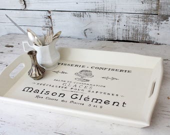 White Wooden Serving Tray, Painted Vanity Tray, Farmhouse Decor Kitchen Tray, Shabby Chic French Serving Tray, Rustic Home Decor Tray