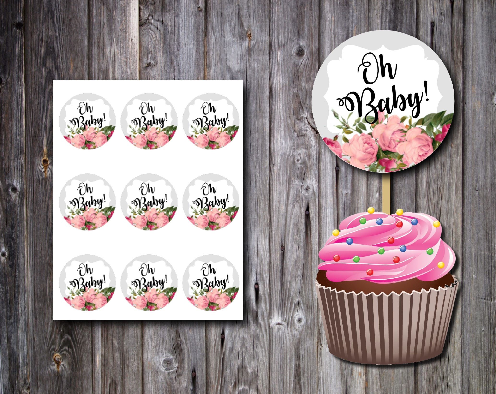 OH BABY ROSE Pink & Grey Cupcake Toppers Easy to Print