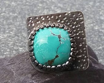 Turquoise Ring, Silver Ring, Artisan Ring, Boho Ring, Gemstone Ring, Square Ring