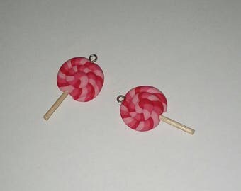 X 1 lollipop pink/red striped fimo