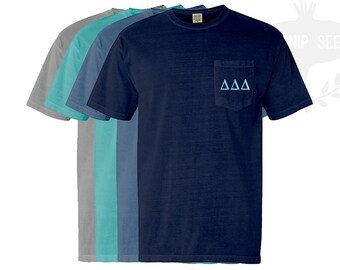 Delta Delta Delta - Tri Delta - Greek Letters Embroidery T-Shirt - Comfort Colors Shirt with Pocket