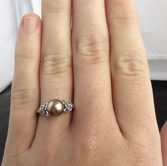 Cocoa Pearl and Diamond Ring Solid 14K White Gold Unique
