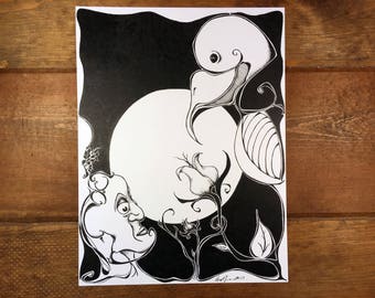 Midnight Garden - Pen and Ink Illustration 9x12 Original Art