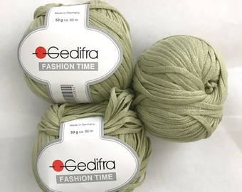 NEW Green Gedifra Yarn Lot/3,Ribbon Yarn, 50 g. 98 yds EA,Fashion Time Aran Cotton, Flat Yarn, Discontinued , Wide Yarn, ,Made in Germany