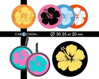 Fleurs Hawaïennes • 45 Images Digitales RONDES 30 25 et 20 mm fleur fleurs Hawaï hawaii surf vacances hibiscus couleurs fluo