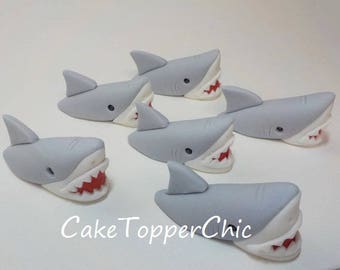 Edible Shark Out of Water Fondant Cupcake Cake Toppers Qty 6 Gray Great White 1st Birthday Boy