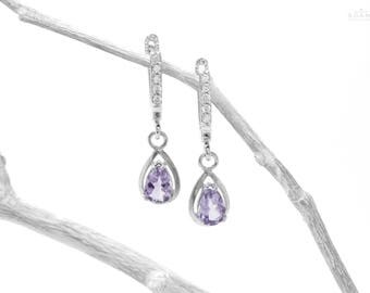 925 sterling silver tear drops amethyst earrings, Amethyst drops earrings, pear purple amethyst earrings