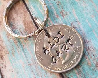 Aldi quarter, Aldi cart quarter, coin keychain, hand stamped key ring, grocery store key chain, personalized quarter key chain, cart keeper