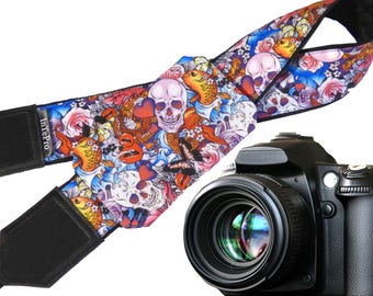 Sugar skulls camera strap with pocket. Skulls. Roses. Carps. Multicolor DSLR camera strap. Teens gift. Personalized camera strap.