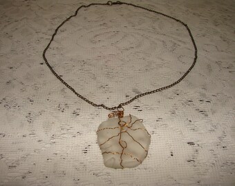 Handmade Wired Clear Sea Glass Pendant Necklace On A Bronze Chain
