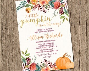 Pumpkin Baby Shower Invitation, Fall Baby Shower Invitation, Little pumpkin Baby Shower Invitation, watercolor flowers, Printable Invitation