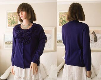 Unworn indigo ruffle cardigan Fine knit cardigan Deep blue cardigan Fine knit sweater Indigo sweater Ruffle sweater UK size 12-14