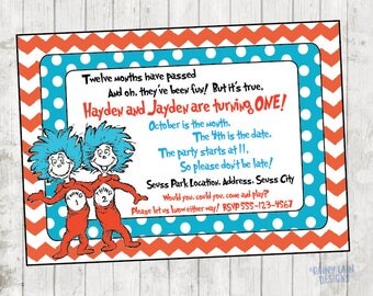 Thing 1 and Thing 2 Printable Twin Birthday Party Invitation, Thing 1 and Thing 2 Invite, Twin Invite, 1st birthday, Twin birthday, dr seuss