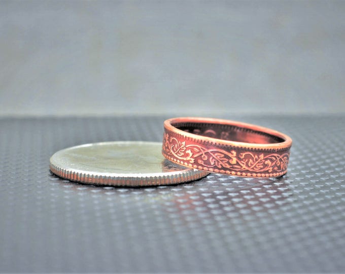 Burgundy Wreath Coin Ring, India-British Coin, Burgundy Ring, Bronze Ring, Unique BoHo Ring, Dainty Ring, Women's Coin Ring, 8th Anniversary