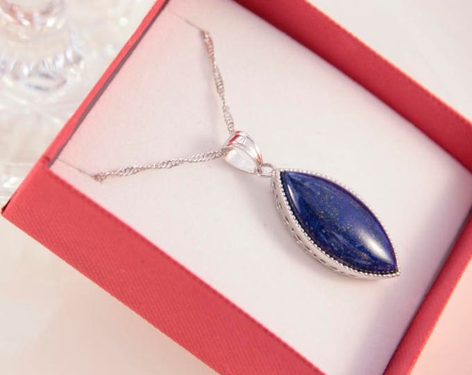 Lapis Luzili Pendant Sterling Silver Necklace Navy Blue Graduation Gift Anniversary Gift Marquise Cut Necklace Sapphire Bridal Jewelry Gift