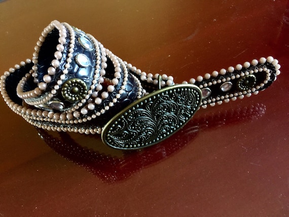 Beaded Vegan Faux Leather Hip Belt Medallion Stud Oval Western Buckle Rhinestones Snake Alligator Textured Vintage Festival Hippie Gypsy by LananiFashionWear steampunk buy now online