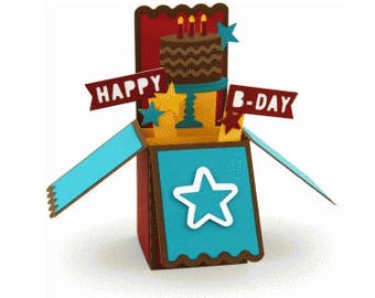 Happy Birthday Box Card , Cake , Candle , Balloons , Party Hat , Blank card , Guys , Gals , Kids , Teens , 3D