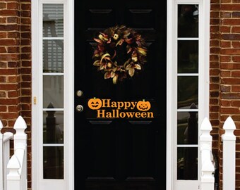 HAPPY HALLOWEEN DOOR decal with 2 pumpkins vinyl wall art sticker decal halloween decorations decor