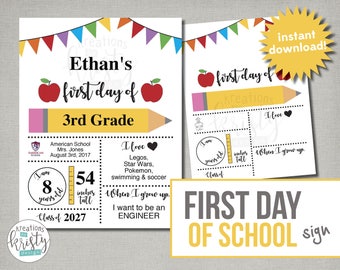 Printable First Day of School Sign with Child Details, Instant Download, Digital File
