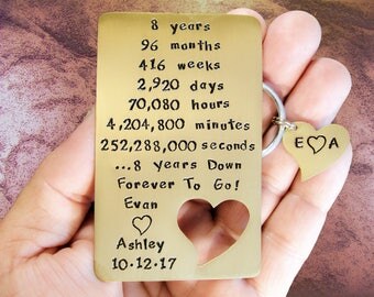 8th Anniversary, Couples Gift Set, Wallet Insert Card, Heart Key Chain, Engraved Bronze, Boho Bohemian