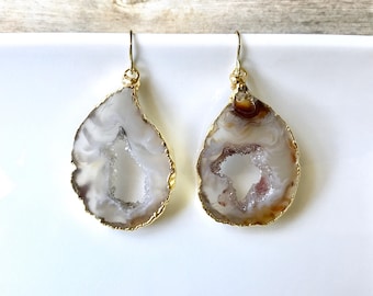 Geode Earrings - Agate Druzy Quartz Crystals
