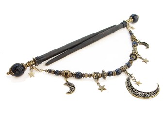Set of 2 japanese wooden hair sticks with blue goldstone beads - kanzashi hair pins wood, chopsticks moon stars - removable pendant