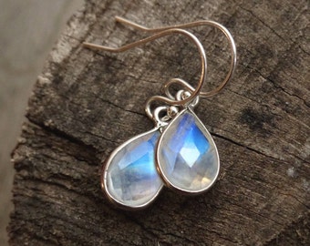 Moonstone earrings, rainbow moonstone water droplets, sterling silver bezel set, sterling silver ear wires, June birthstone