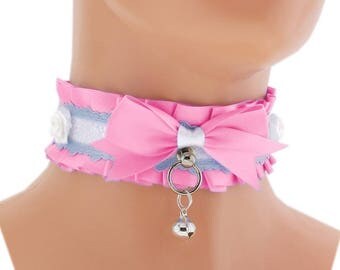 Satin pink lace Kitten play collar, ddlg collar, pet play collar, choker puppy, BDSM collar, princess, pastel gothic, kawaii, fairy kei 1L