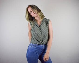 Vintage 90s Top, Paisley Cotton Top Large, Boho Tie Top, Green Boho Blouse, 90s Clothing, Sleeveless Shirt Top, Large Blouse Festival Top