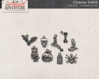 Halloween Charms, Antique Silver Trinkets, Digital Elements, Commercial Use OK, Instant Download, Pumpkin, Witch Hat, Bone, Skull, Spider