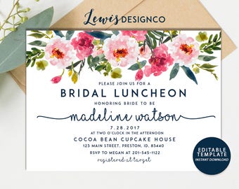 Bridal Luncheon Invitation, Floral Bridal Shower Invite, Wedding Luncheon, Editable Template, Pink Floral Invitation, Bridal Brunch, Bubbly