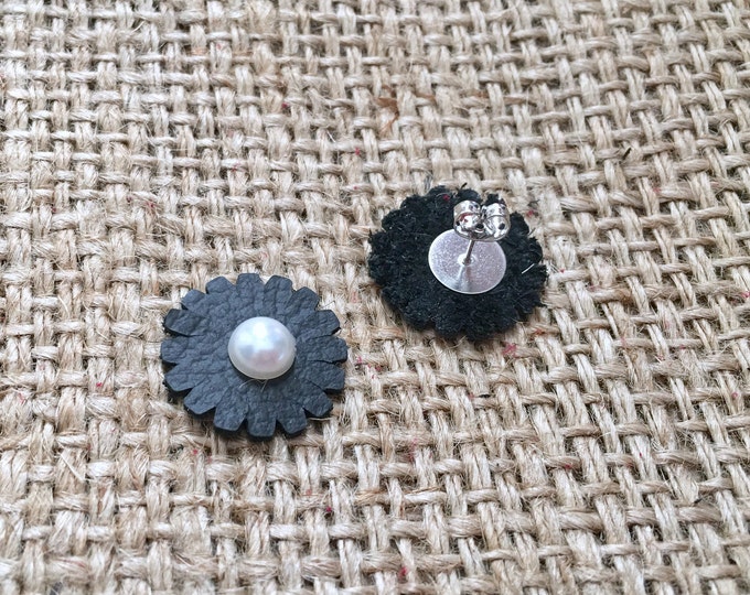 Leather Flower Posts, Leather Flower Studs, Flower Earrings, Leather Earrings, Black Leather Studs, Rivet Earrings, Flower Studs