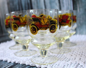 Set of 6 Soviet glasses with car Old Glassware Set Champagne glasses Shot glasses Russian tableware Wine Glasses Russian glass