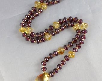 Rhodolite Garnet Citrine Necklace, Vintage Faceted Rhodolite Garnet And Citrine Necklace, Briolette Citrine Garnet Necklace