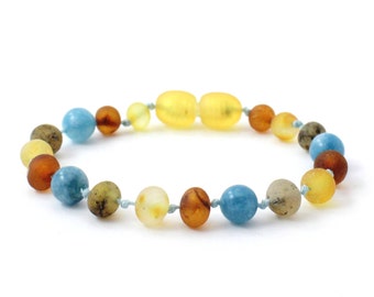 Baltic Amber Teething Anklet or Bracelet for Baby, Unpolished Multicolor Amber mixed with Aquamarine Beads, Available in 5.5-6.3" Length