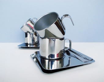 Italian Vintage INOX Stainless Steel Thermal Espresso / Demitasse Cups and Saucers Demi with spoon / Set of 2