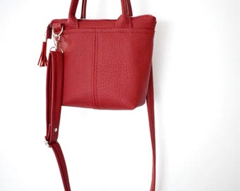 Red mini tote bag, leather crossbody bag, women zipper bag, red small purse, vegan leather handbag, top handle leather bag, transport tote