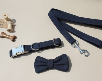 Dog Collar Wedding - navy blue cotton collar with matching bow tie (matching lead also available seperately) with silver metal fittings.