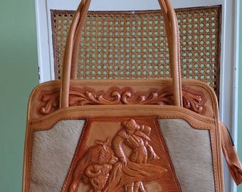 Mexican tooled leather handbag / vintage / tooled leather / purse / tan leather / cowskin