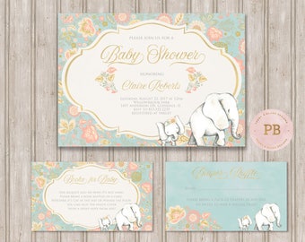 Elephant Baby Shower Invitation, Elephant First Birthday Invitation, Elephant Books for Baby Card, Elephant Diaper Raffle Card