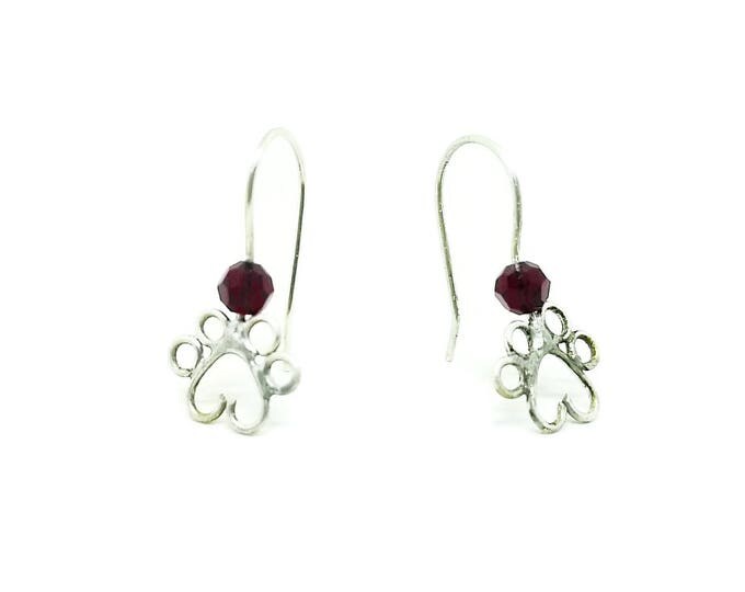 Sterling Silver Dangle Paw Print Earrings, Ruby Swarovski Crystal Paw Print Earrings, Dog Lover Jewelry, Unique Birthday Gift, Gift for Her