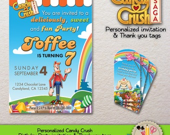 DIGITAL - PERSONALIZED - Candy Crush Saga - Birthday party Invitation And Thank you tags - PRINTABLE -Jpg 300dpi